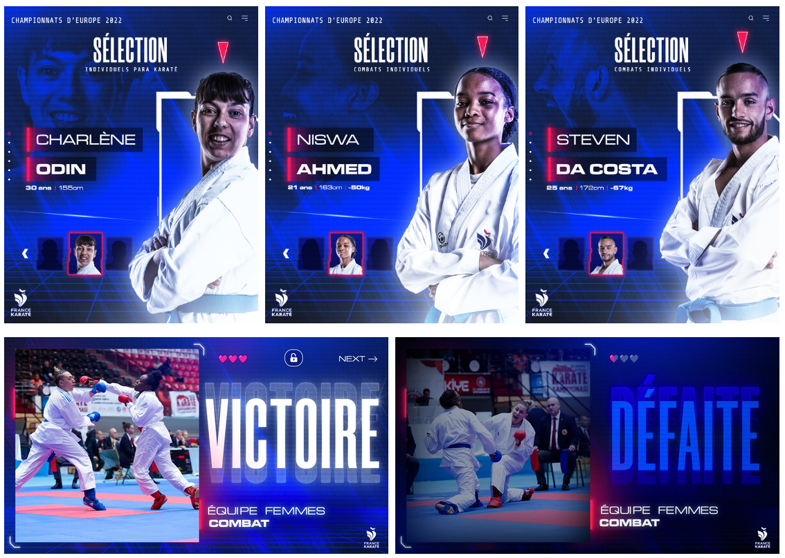 Créations Visul3 pour France Karaté : portraits des athlètes et visuels de résultats des championnats d’Europe 2022